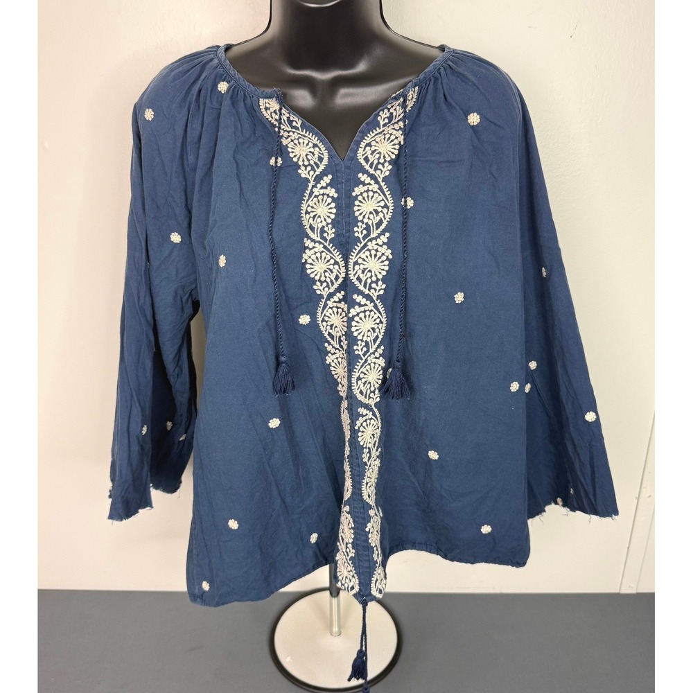 Happy Pink Chicken Women's Embroidered Floral Long Sleeve Boho Tunic Blue Large